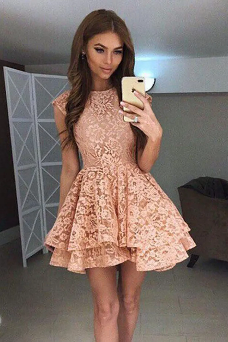 2024 Cocktail Dresses A Line Scoop Lace Short/Mini Zipper Up
