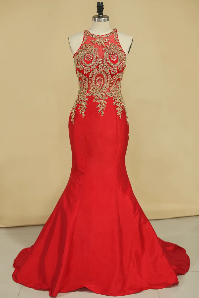 2024 Scoop Mermaid Taffeta With Applique Prom Dresses