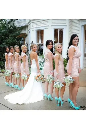 2024 Sexy Open Back Scoop Bridesmaid Dresses Sheath Lace Short/Mini