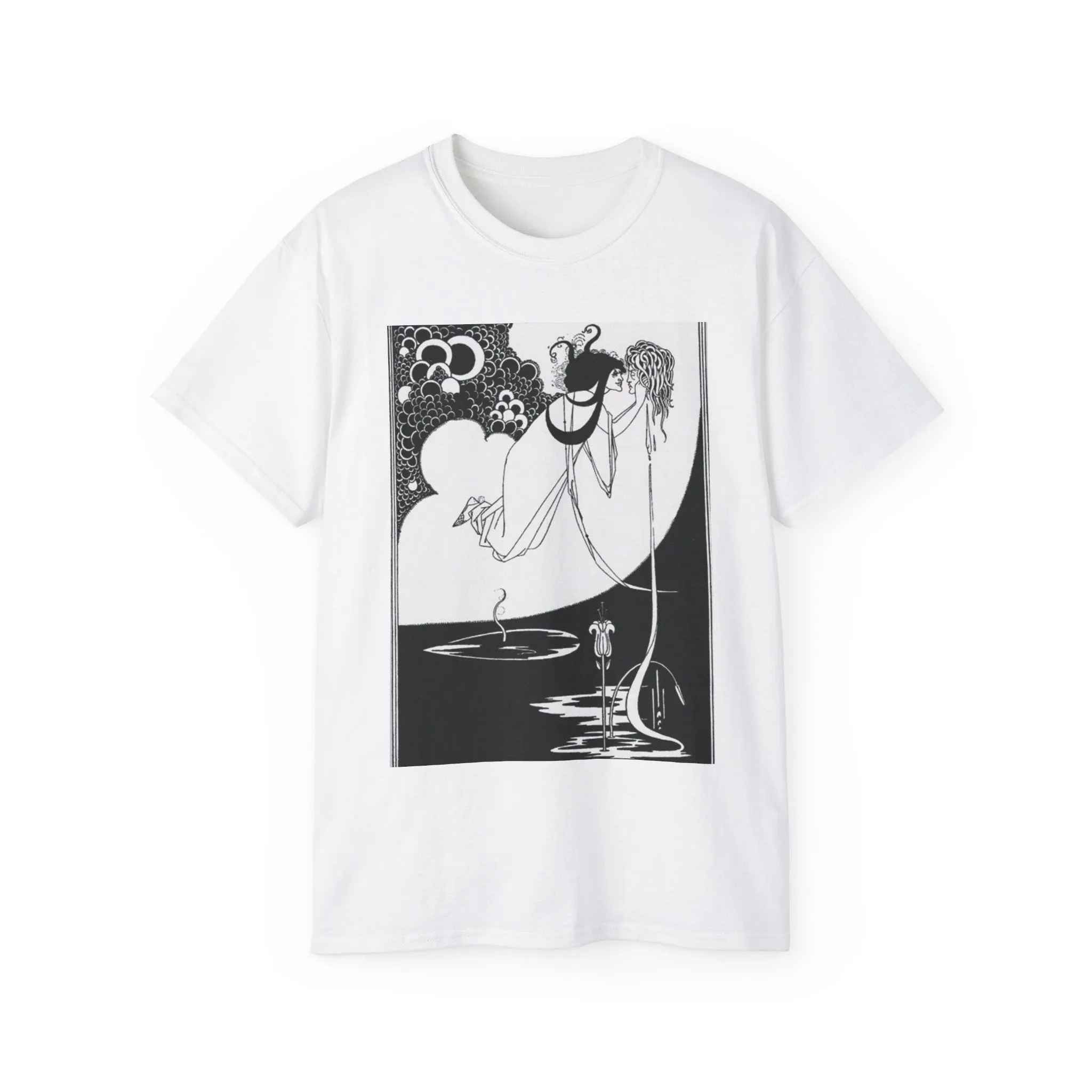 Beardsley apotheose - A black and white drawing of a woman in a dress White T-Shirt Gildan 2000 Cotton Unisex