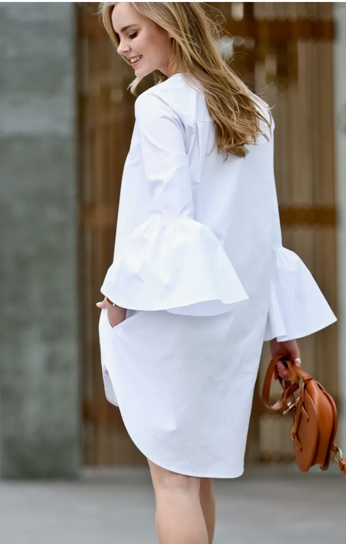 Bell Sleeve Button Front Hi-Low Shirt Dress