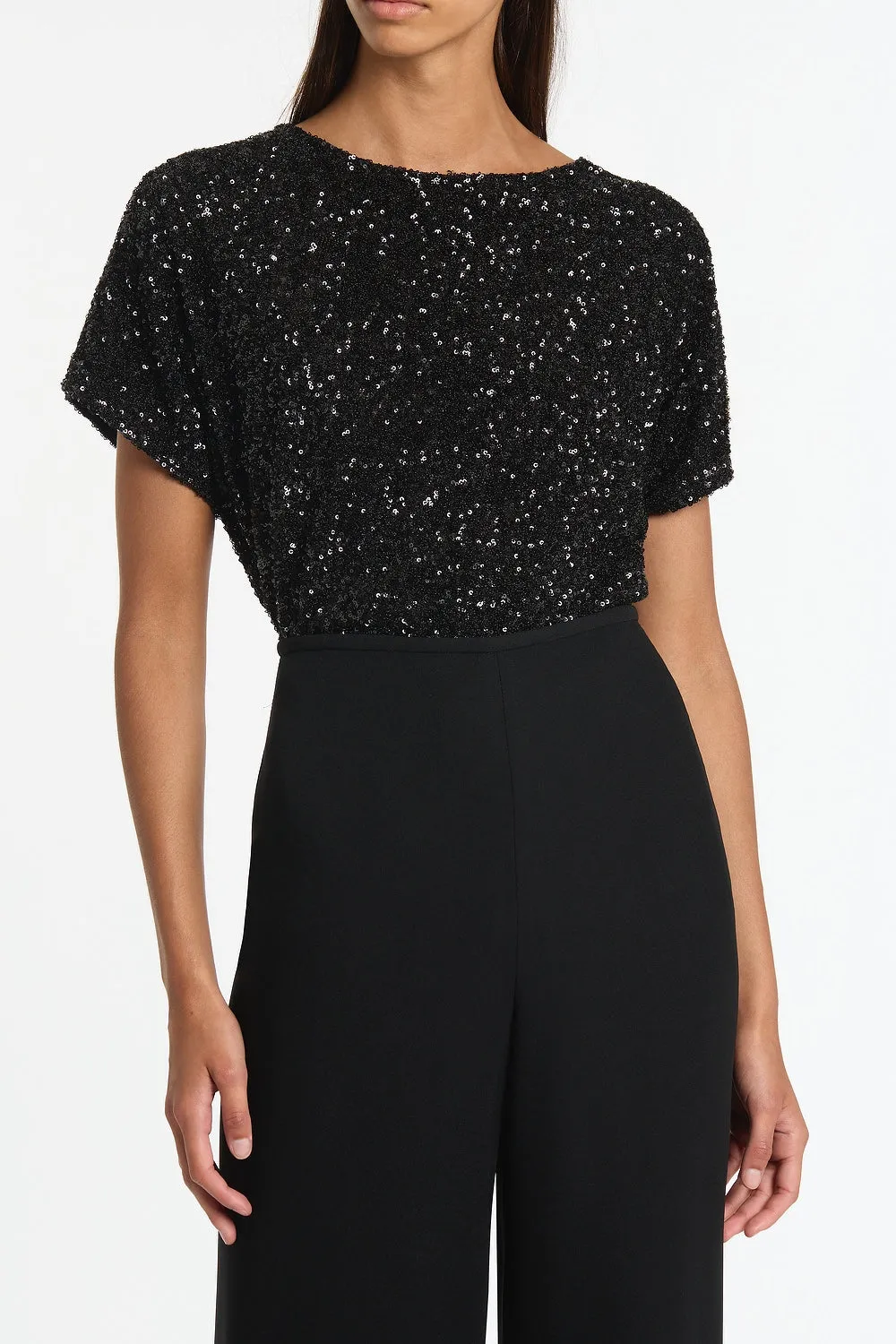 BLACK CRUSHED SEQUIN DRAPE TOP
