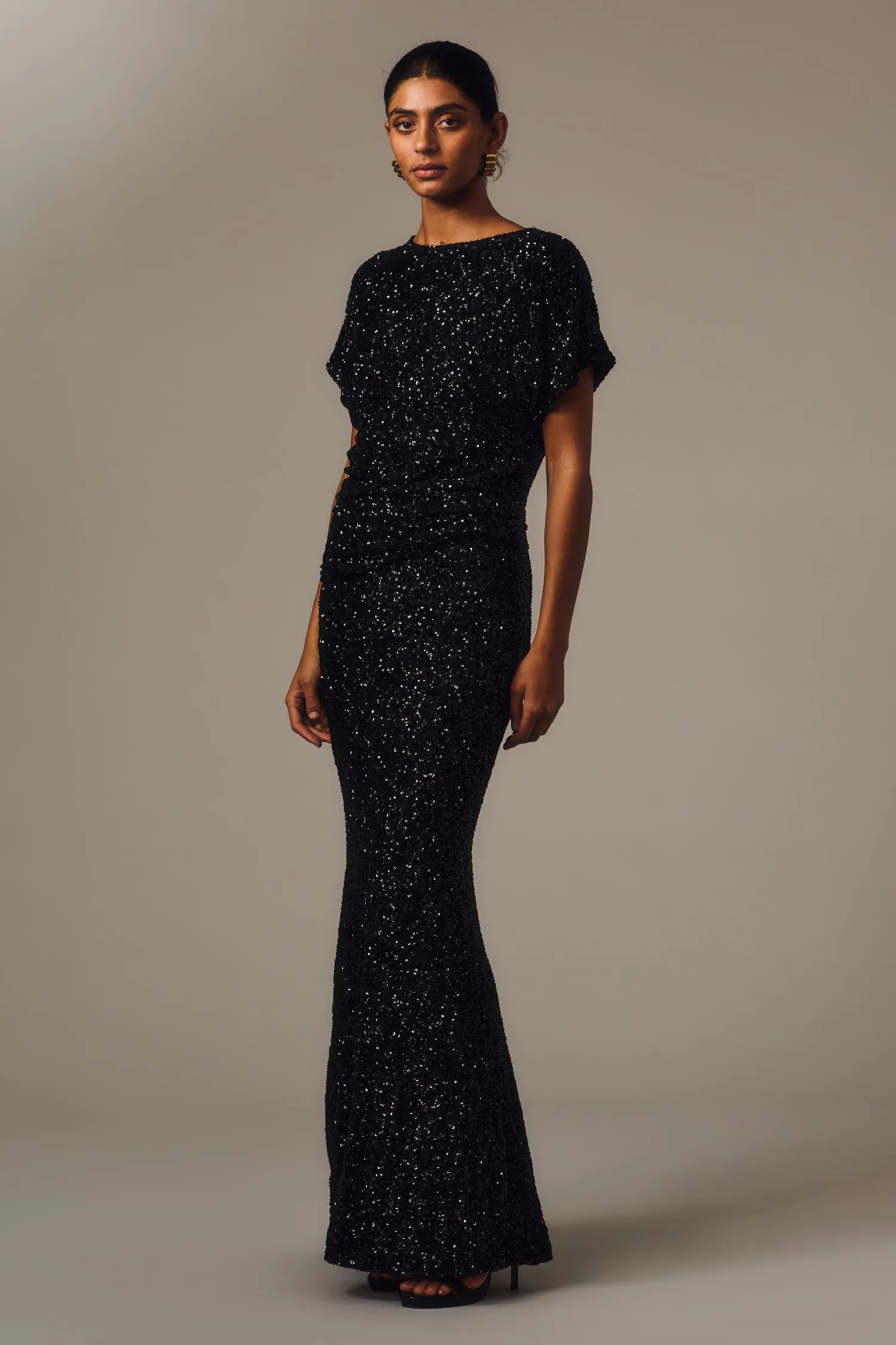 BLACK CRUSHED SEQUIN DRAPE TOP