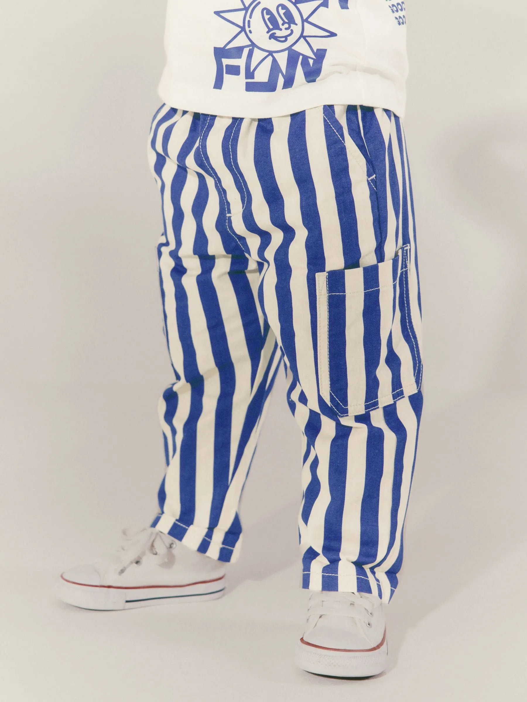 Blue/White Stripe Side Pocket 100% Cotton Pull On Trousers (3mths-7yrs)
