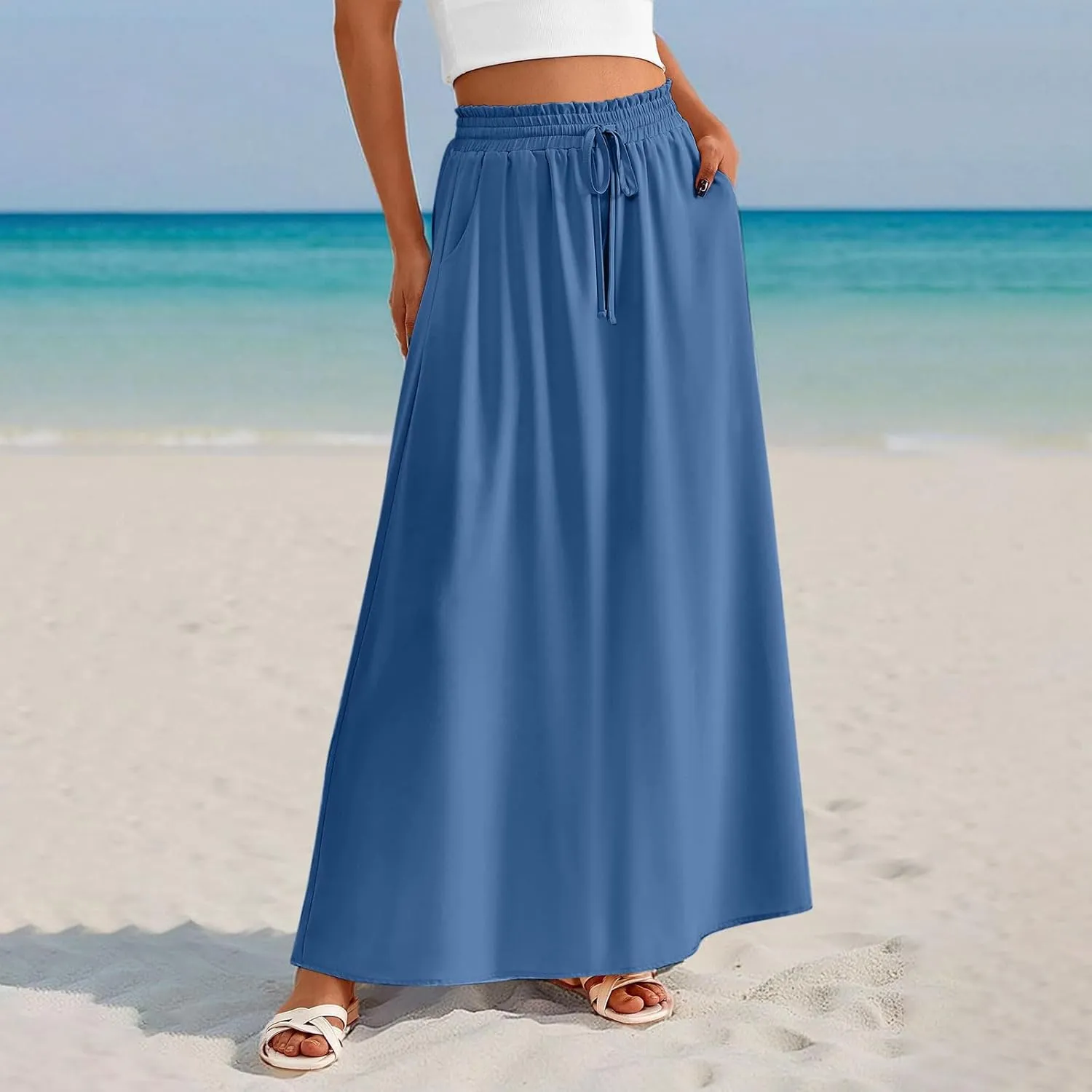 Boho Skirts for Women Casual Smocked Elastic High Waist Tie Long Maxi Skirt Summer Comfy Flowy Dress with Pockets