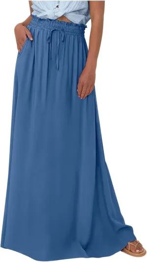 Boho Skirts for Women Casual Smocked Elastic High Waist Tie Long Maxi Skirt Summer Comfy Flowy Dress with Pockets