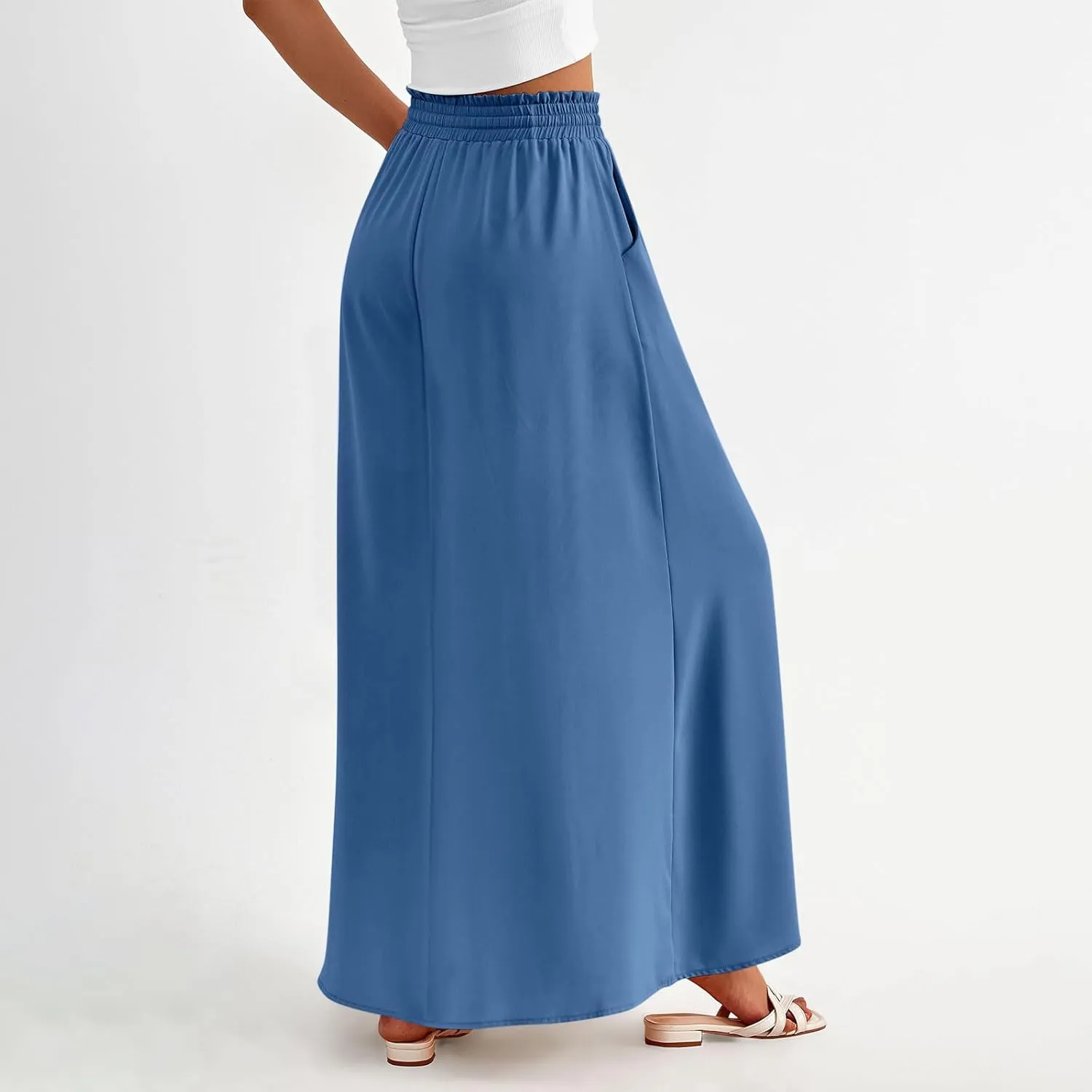 Boho Skirts for Women Casual Smocked Elastic High Waist Tie Long Maxi Skirt Summer Comfy Flowy Dress with Pockets
