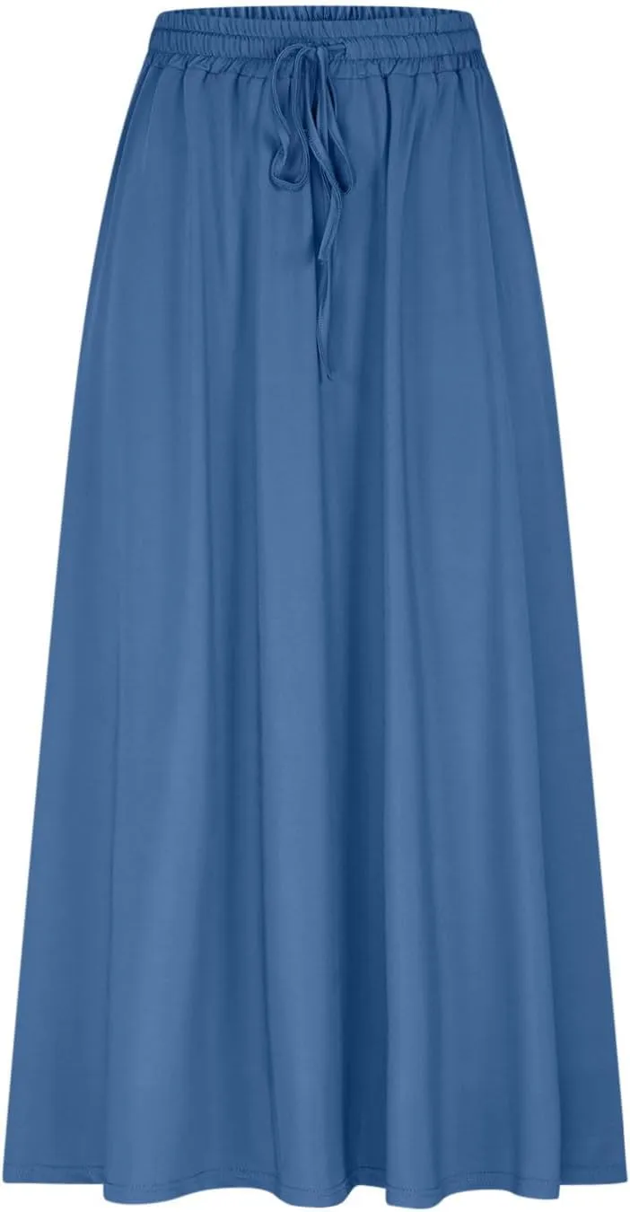 Boho Skirts for Women Casual Smocked Elastic High Waist Tie Long Maxi Skirt Summer Comfy Flowy Dress with Pockets