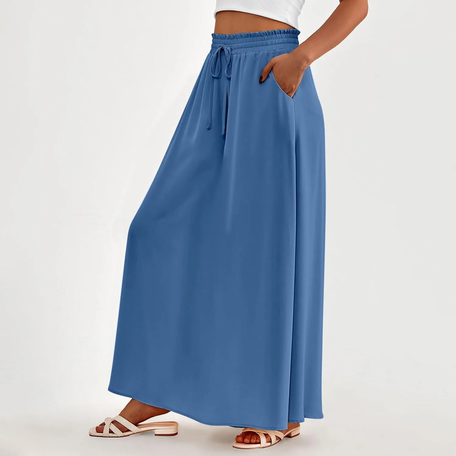Boho Skirts for Women Casual Smocked Elastic High Waist Tie Long Maxi Skirt Summer Comfy Flowy Dress with Pockets