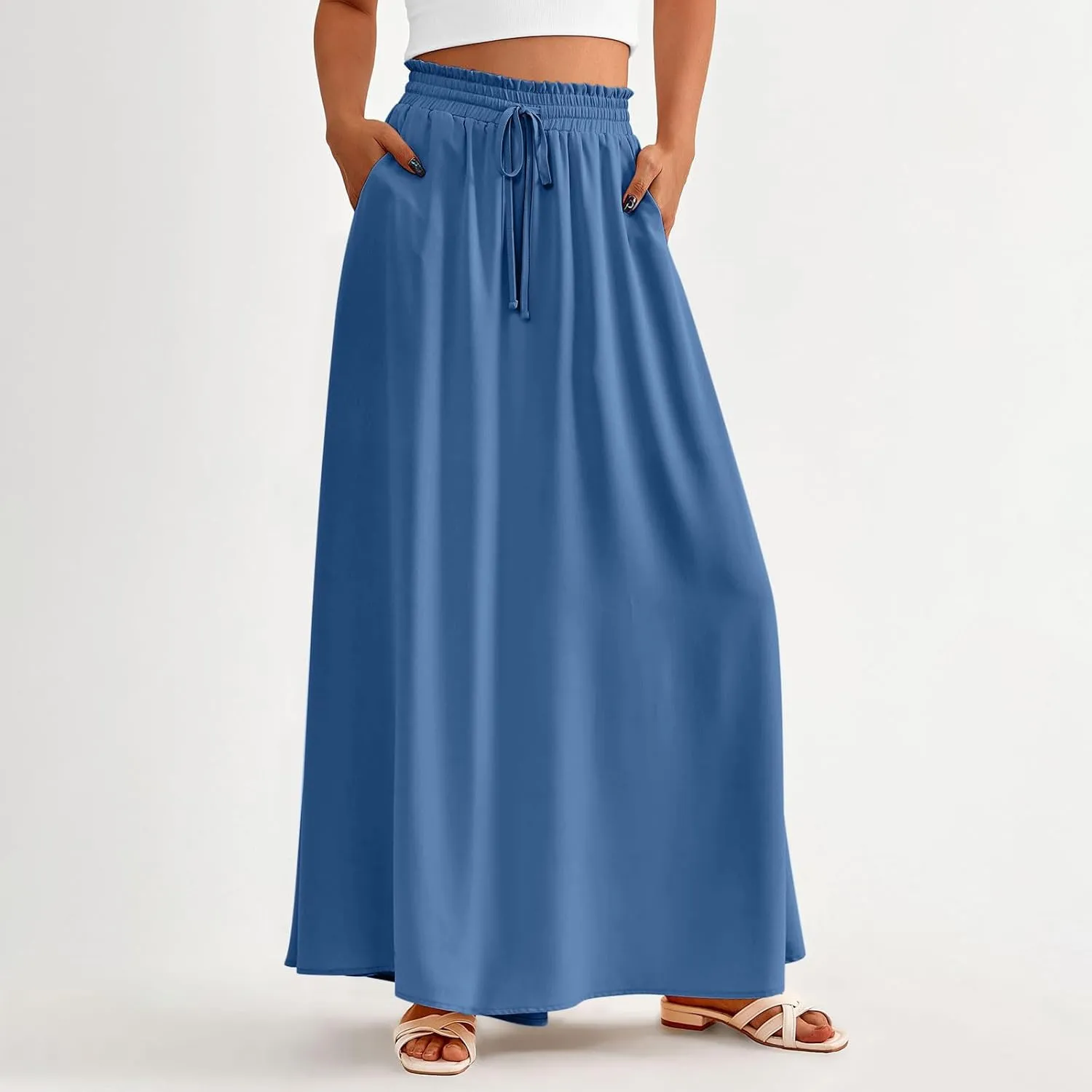 Boho Skirts for Women Casual Smocked Elastic High Waist Tie Long Maxi Skirt Summer Comfy Flowy Dress with Pockets