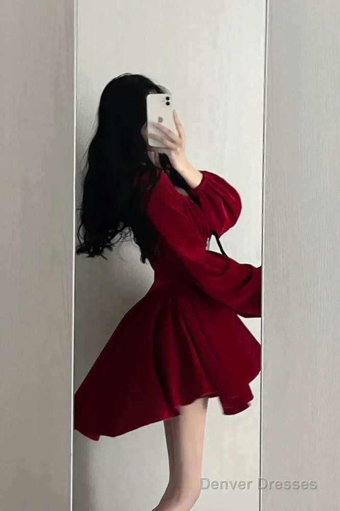 Chic A Line Square Neckline Long Sleeves Red Velvet Party Dress Birthday Dresses Birthday Outfits