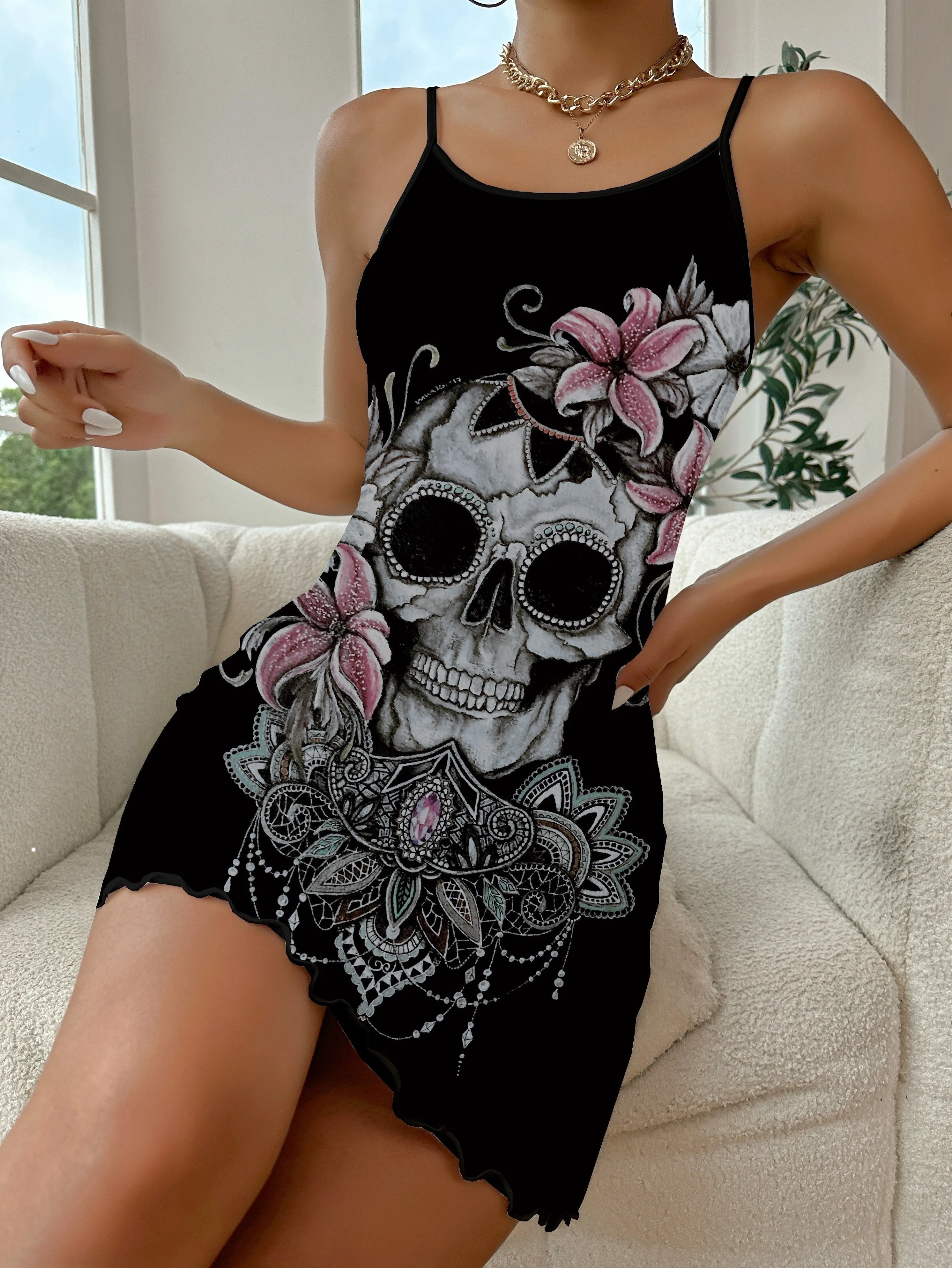 Chic Floral Skull Print Backless Lounge Dress