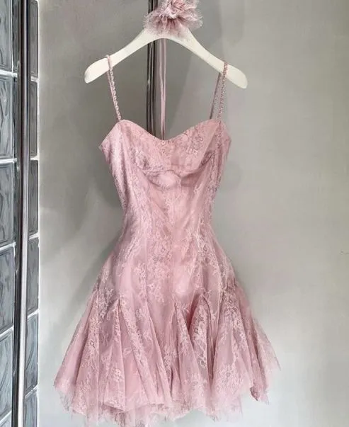Chic Sheath Straps Short Pink Homecoming Dress 18th Birthday Outfits C624