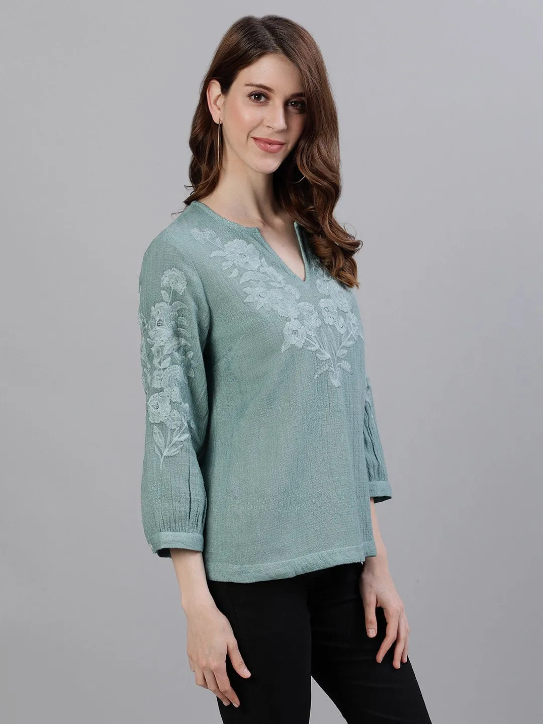 Comfy Cotton Green Floral Embroidered Top