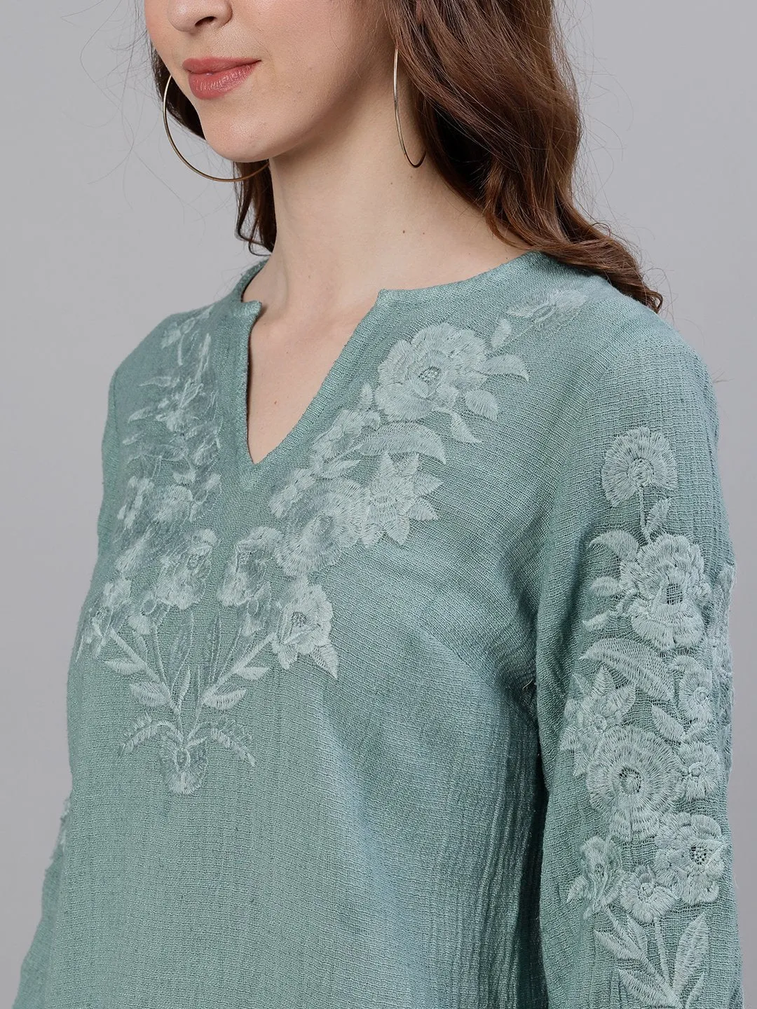 Comfy Cotton Green Floral Embroidered Top