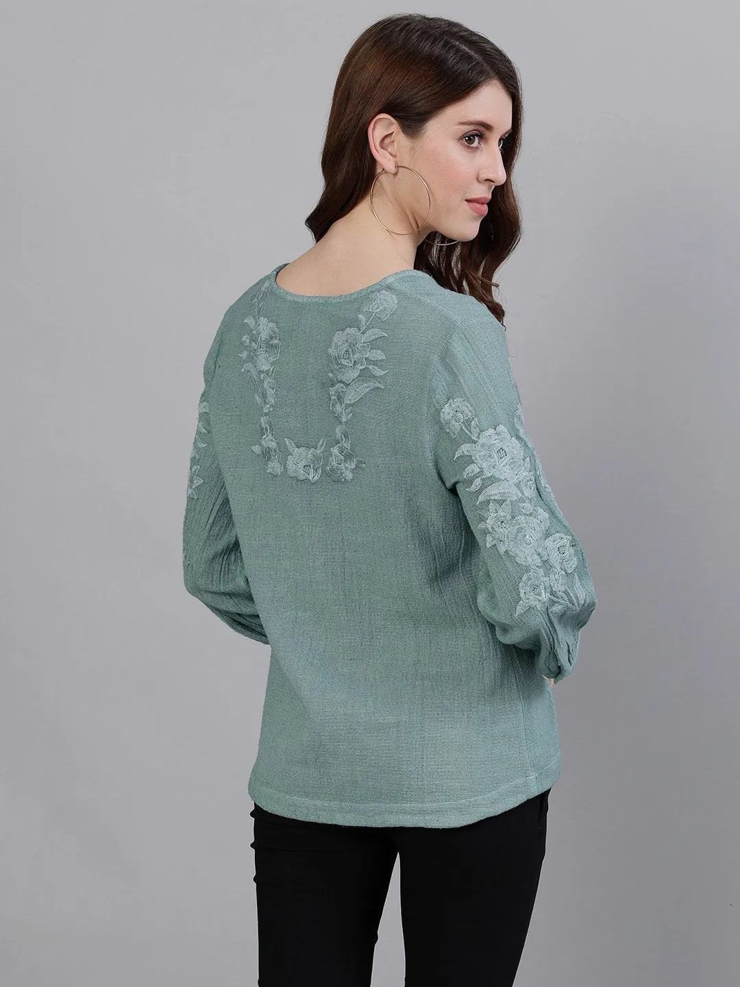 Comfy Cotton Green Floral Embroidered Top