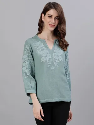 Comfy Cotton Green Floral Embroidered Top