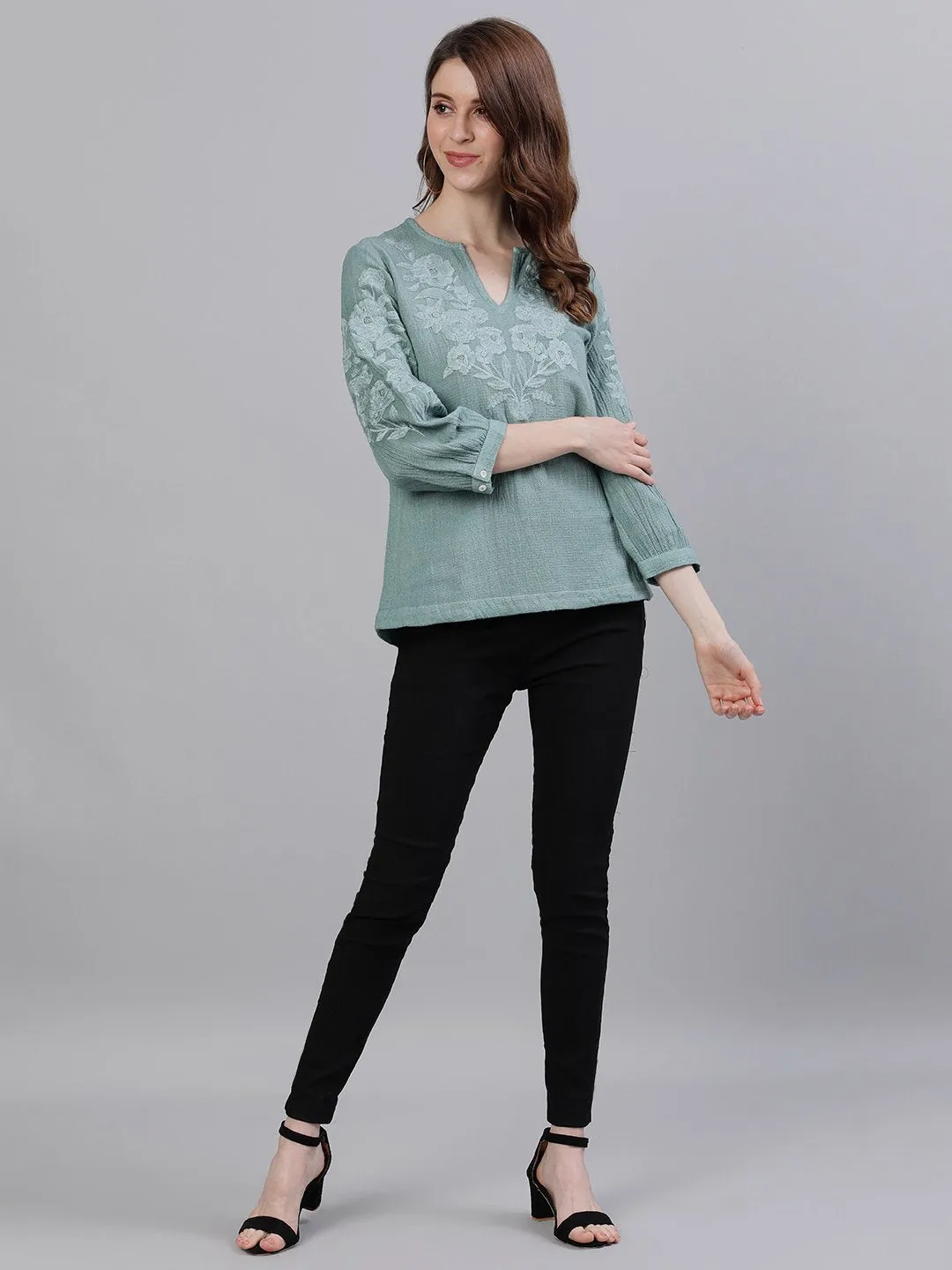 Comfy Cotton Green Floral Embroidered Top