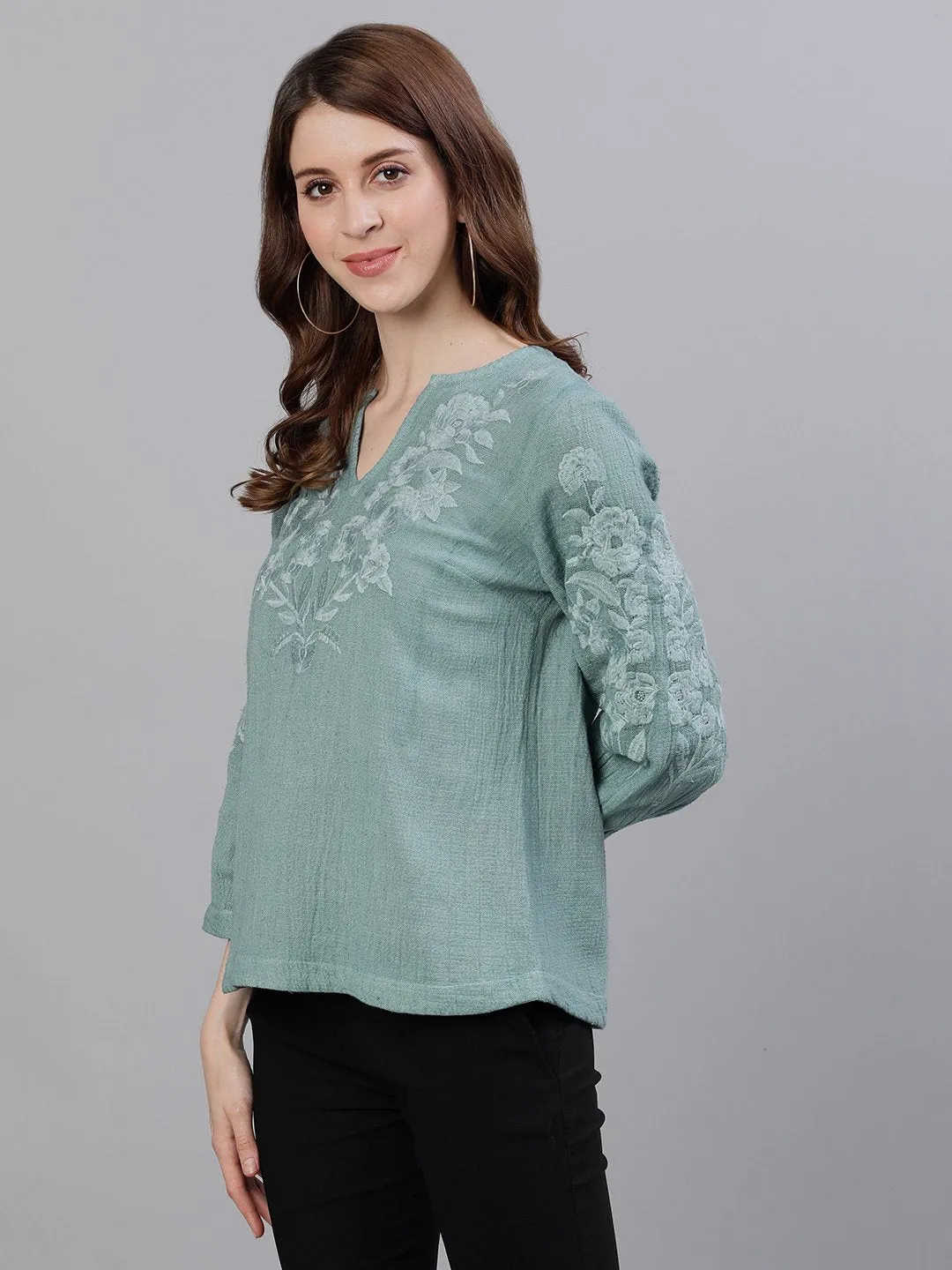 Comfy Cotton Green Floral Embroidered Top