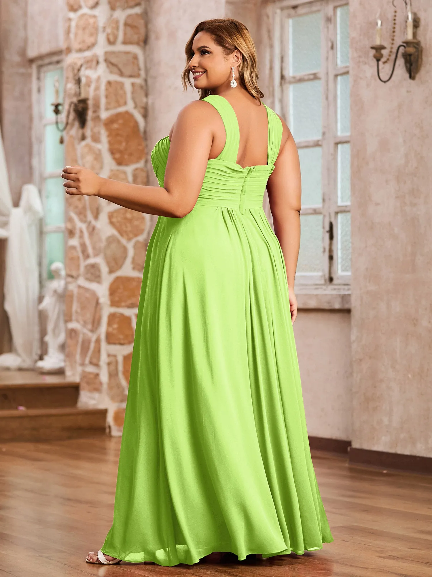 Cross Shoulder Strap Chiffon Dress with Empire Waist Lime Green Plus Size