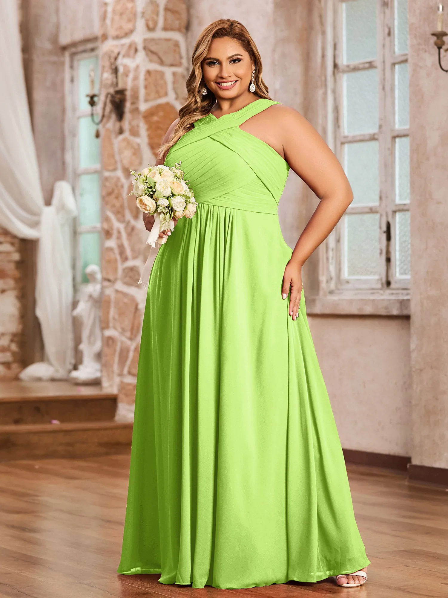 Cross Shoulder Strap Chiffon Dress with Empire Waist Lime Green Plus Size