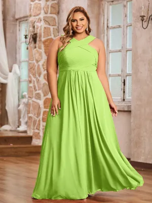Cross Shoulder Strap Chiffon Dress with Empire Waist Lime Green Plus Size