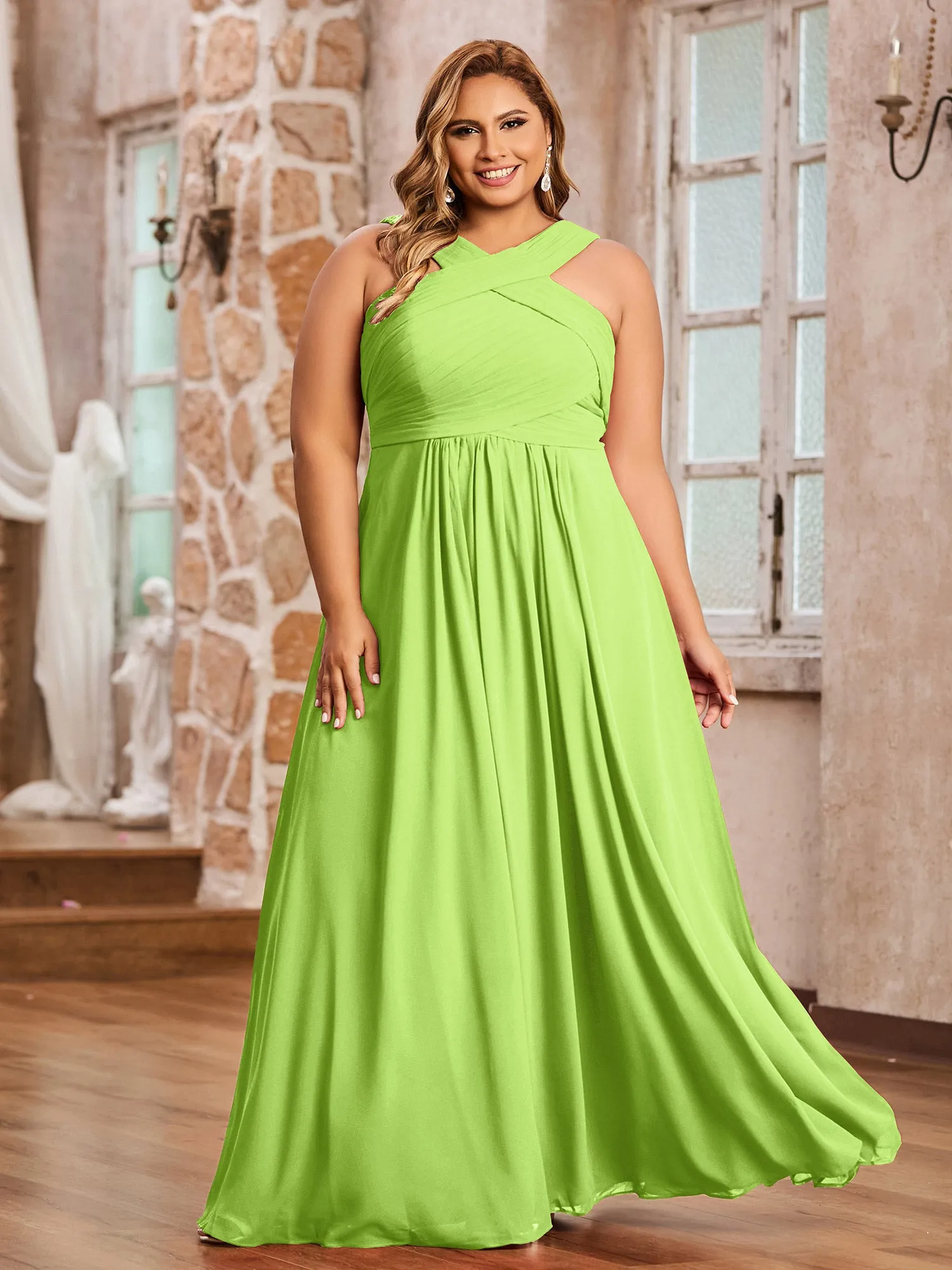 Cross Shoulder Strap Chiffon Dress with Empire Waist Lime Green Plus Size