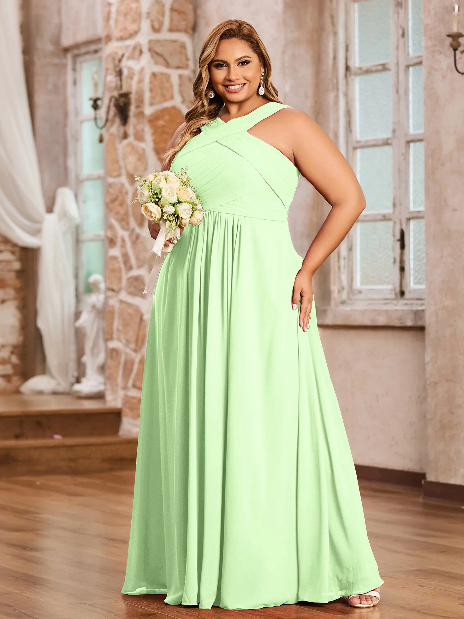 Cross Shoulder Strap Chiffon Dress with Empire Waist Sage Plus Size