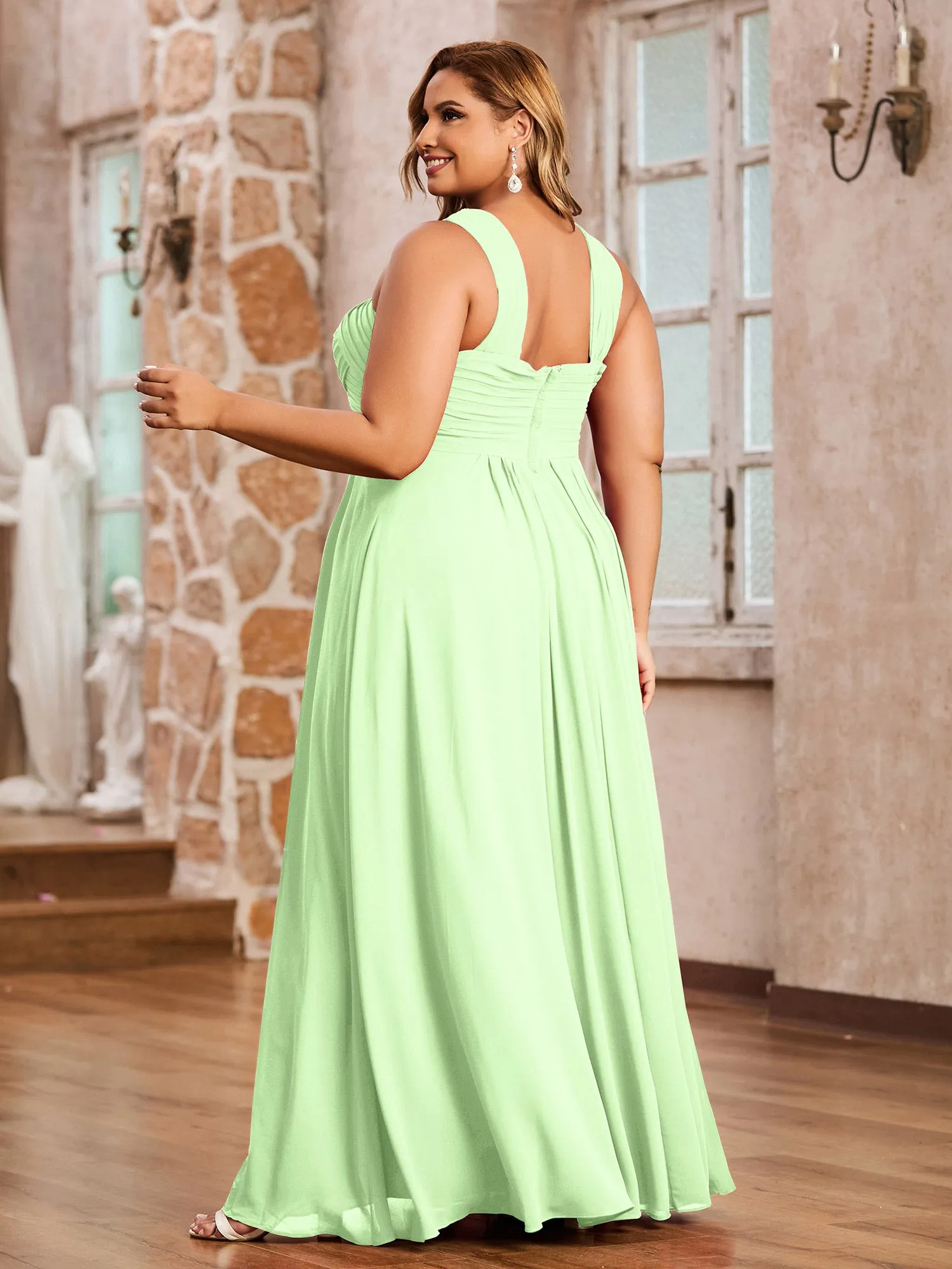 Cross Shoulder Strap Chiffon Dress with Empire Waist Sage Plus Size