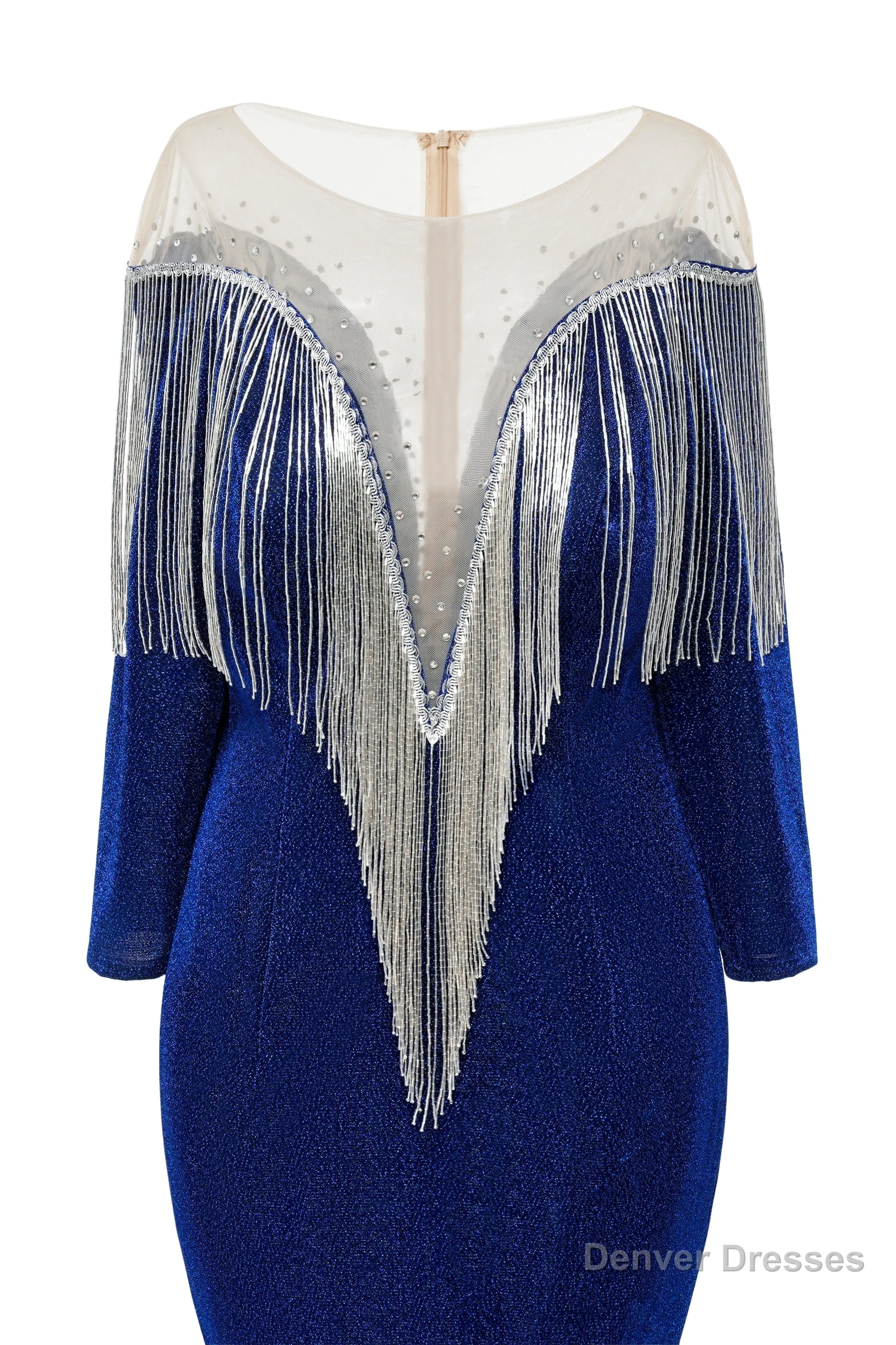 Deep V-neck Shiny Royal Blue Long sleeves Mermaid Prom Dress