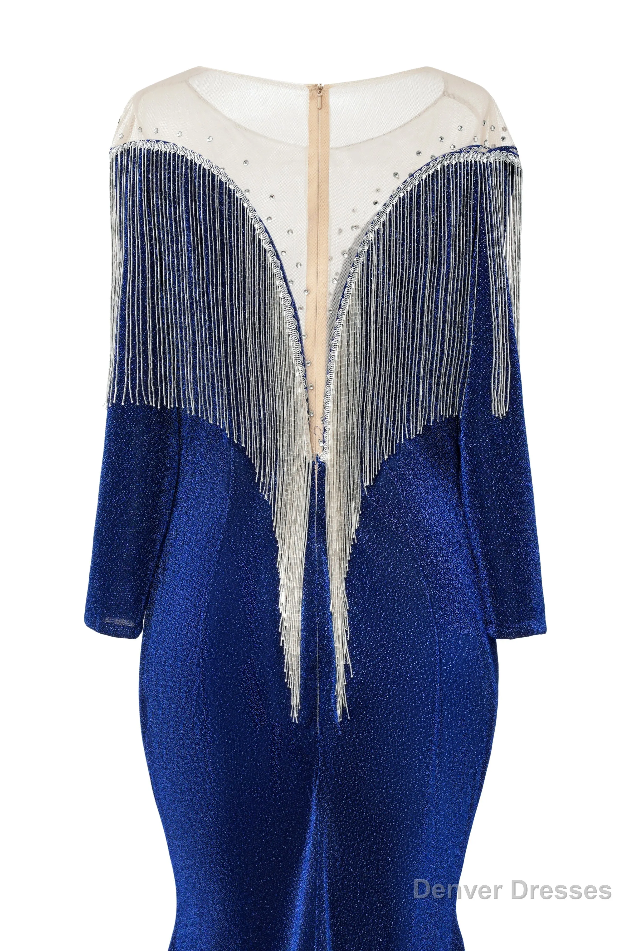Deep V-neck Shiny Royal Blue Long sleeves Mermaid Prom Dress