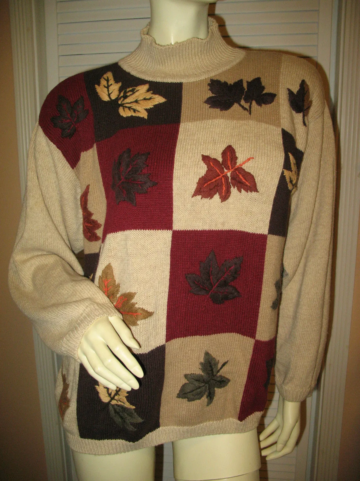 DRESSBARN Womens Sweaters Pullover Crew Neck Turtleneck Knit Sweater Top Long Sleeve Size 18/20 Beige Multicolor Fall Embroidery Floral