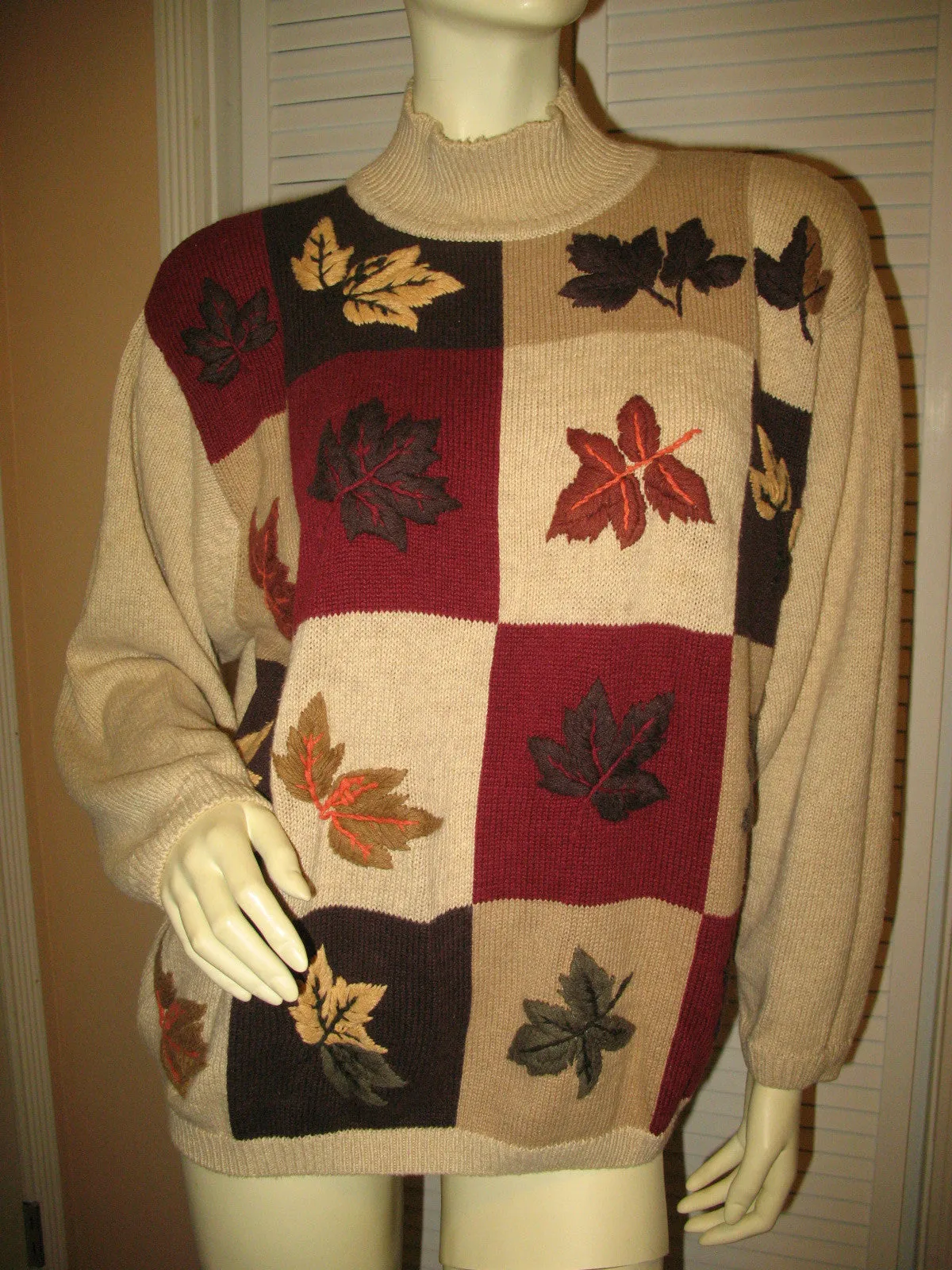 DRESSBARN Womens Sweaters Pullover Crew Neck Turtleneck Knit Sweater Top Long Sleeve Size 18/20 Beige Multicolor Fall Embroidery Floral