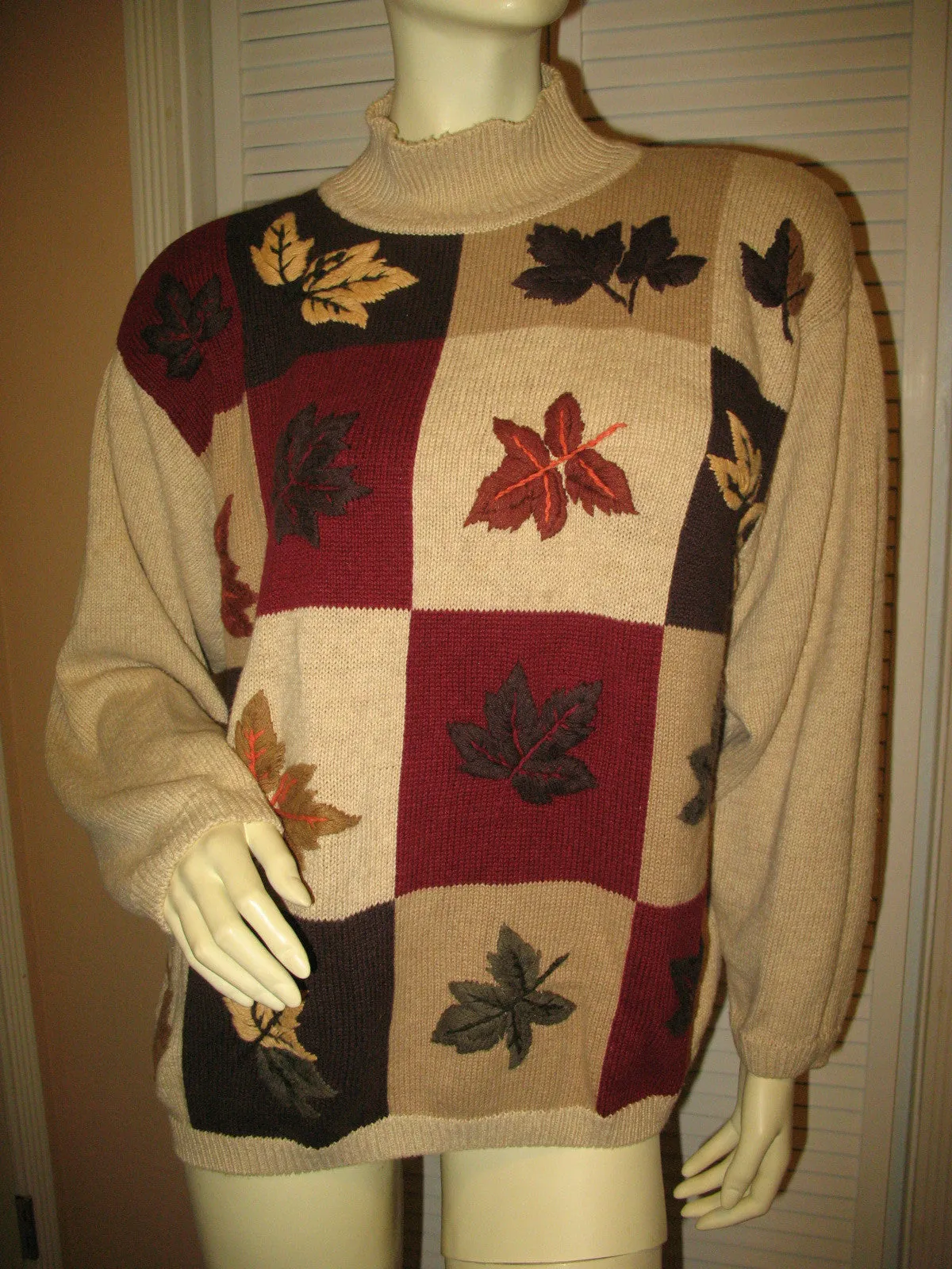 DRESSBARN Womens Sweaters Pullover Crew Neck Turtleneck Knit Sweater Top Long Sleeve Size 18/20 Beige Multicolor Fall Embroidery Floral