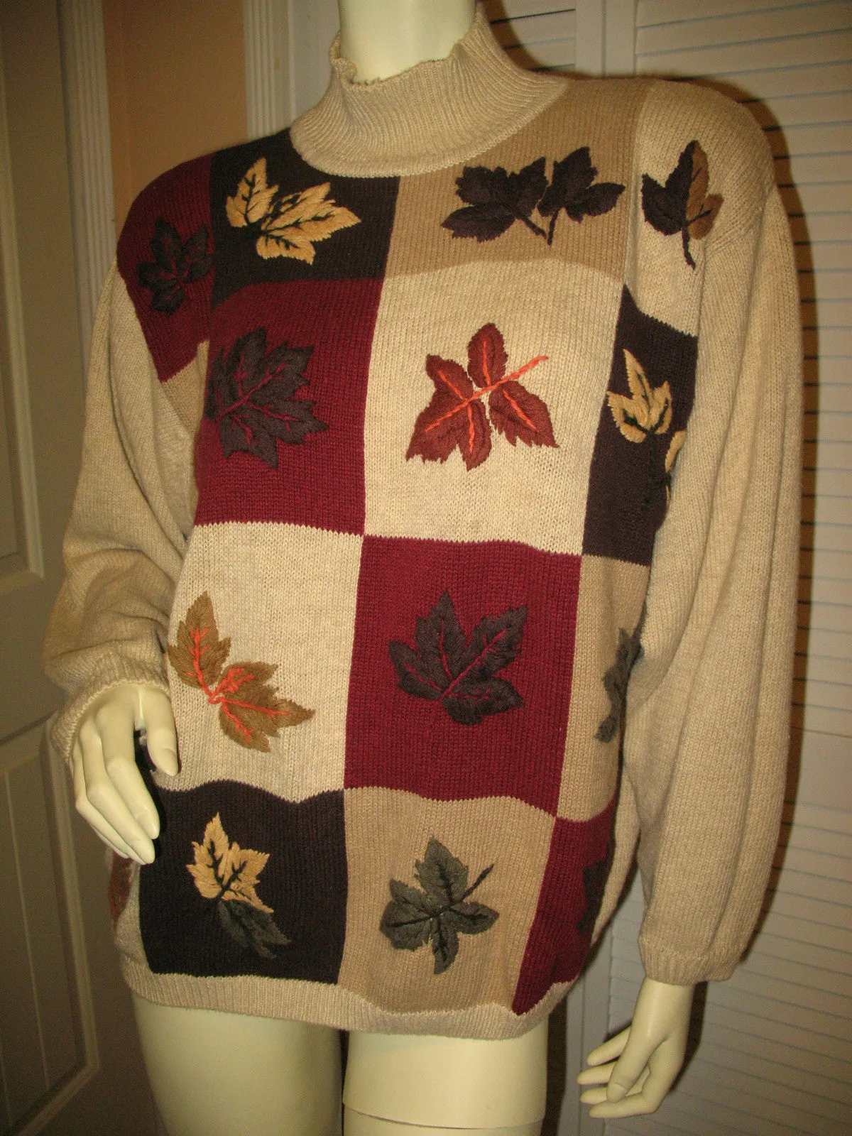 DRESSBARN Womens Sweaters Pullover Crew Neck Turtleneck Knit Sweater Top Long Sleeve Size 18/20 Beige Multicolor Fall Embroidery Floral