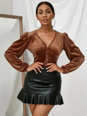 Elegant V-Neck Puff Sleeve Cropped Top