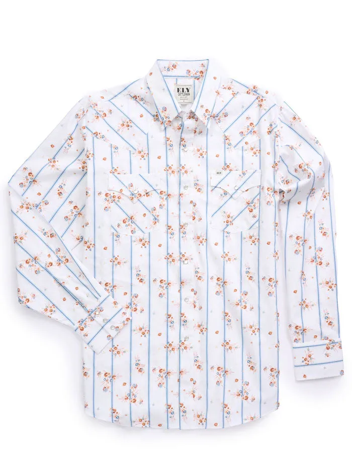 Ely Cattleman 2027118-WH Mens Wallpaper Floral Print Western Snap Shirt White