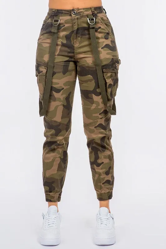 High Waist Cargo Joggers With Suspenders