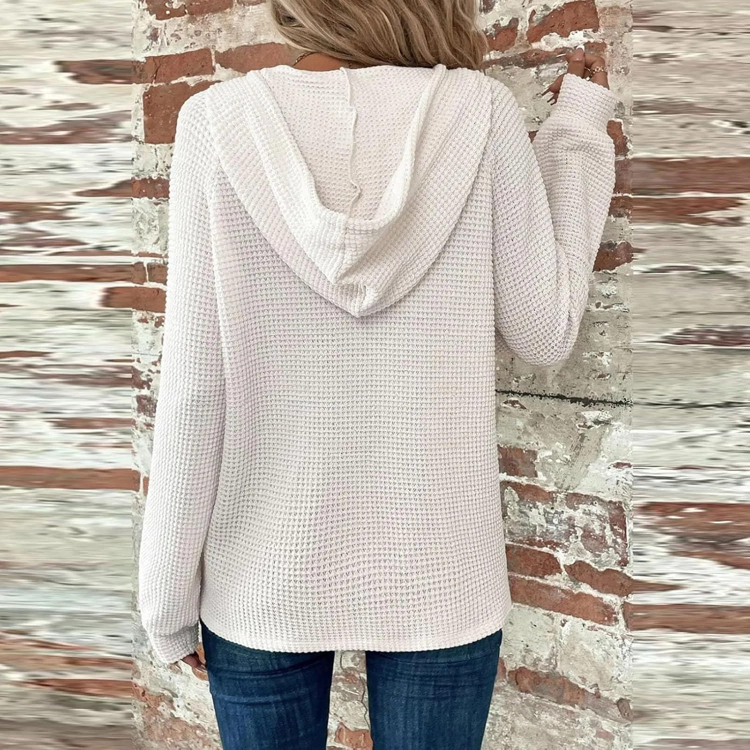 Hoodies for Women Waffle Knit Long Sleeve Drawstring Button V Neck Casual Pullover Sweatshirt Hooded Fall Tops 2024