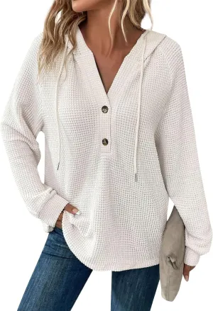 Hoodies for Women Waffle Knit Long Sleeve Drawstring Button V Neck Casual Pullover Sweatshirt Hooded Fall Tops 2024