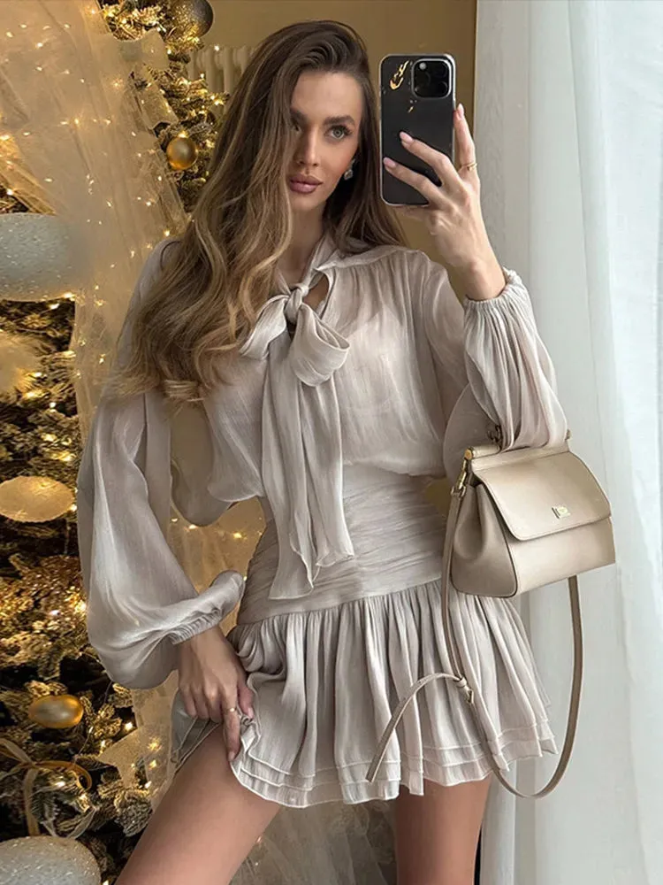 LVSANW Elegant Bow Lace Up Top Skirts Set For Women O-neck Long Lantern Sleeve Blouses High Waist Pleated Skirt 2025 New Lady Outfits