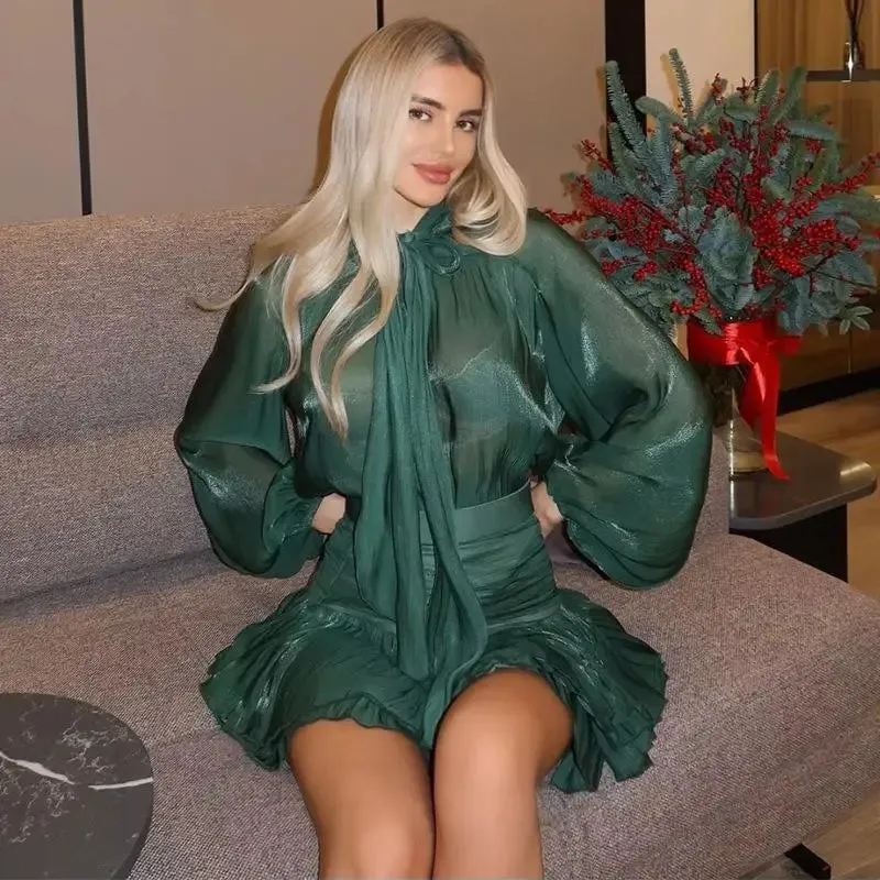 LVSANW Elegant Bow Lace Up Top Skirts Set For Women O-neck Long Lantern Sleeve Blouses High Waist Pleated Skirt 2025 New Lady Outfits