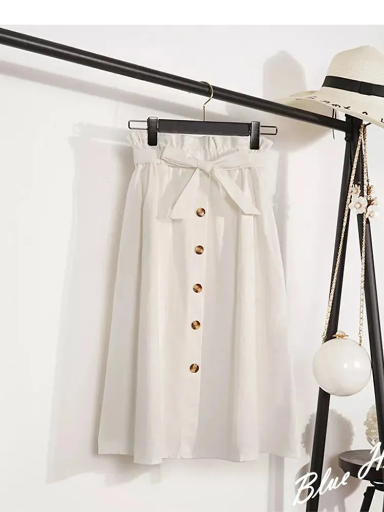 LVSANW Summer Autumn Skirts Womens Midi Knee Length Korean Elegant Button High Waist Skirt Female Pleated School Skirt