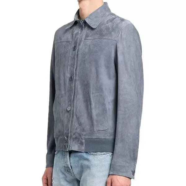 Mens Grey Suede Bomber Jacket With Shirt Style Collar