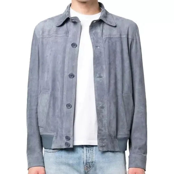 Mens Grey Suede Bomber Jacket With Shirt Style Collar