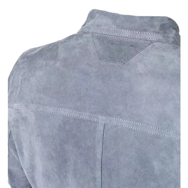 Mens Grey Suede Bomber Jacket With Shirt Style Collar
