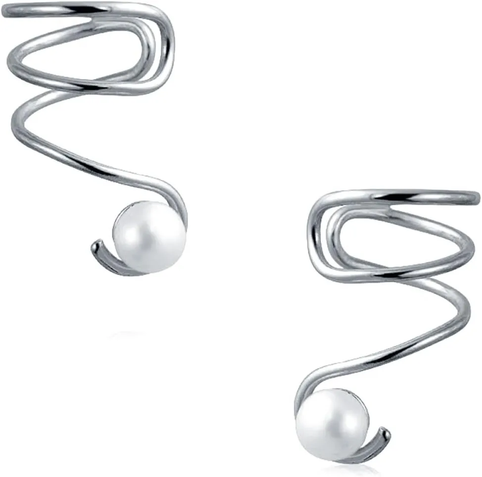 Minimalist Round White Gemstone Created Opal Huggie Geometric Non-Piercing Helix Cartilage Conch Bezel Band Wrap Ear Cuff Earrings For Women Teens .925 Sterling Silver