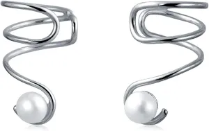 Minimalist Round White Gemstone Created Opal Huggie Geometric Non-Piercing Helix Cartilage Conch Bezel Band Wrap Ear Cuff Earrings For Women Teens .925 Sterling Silver