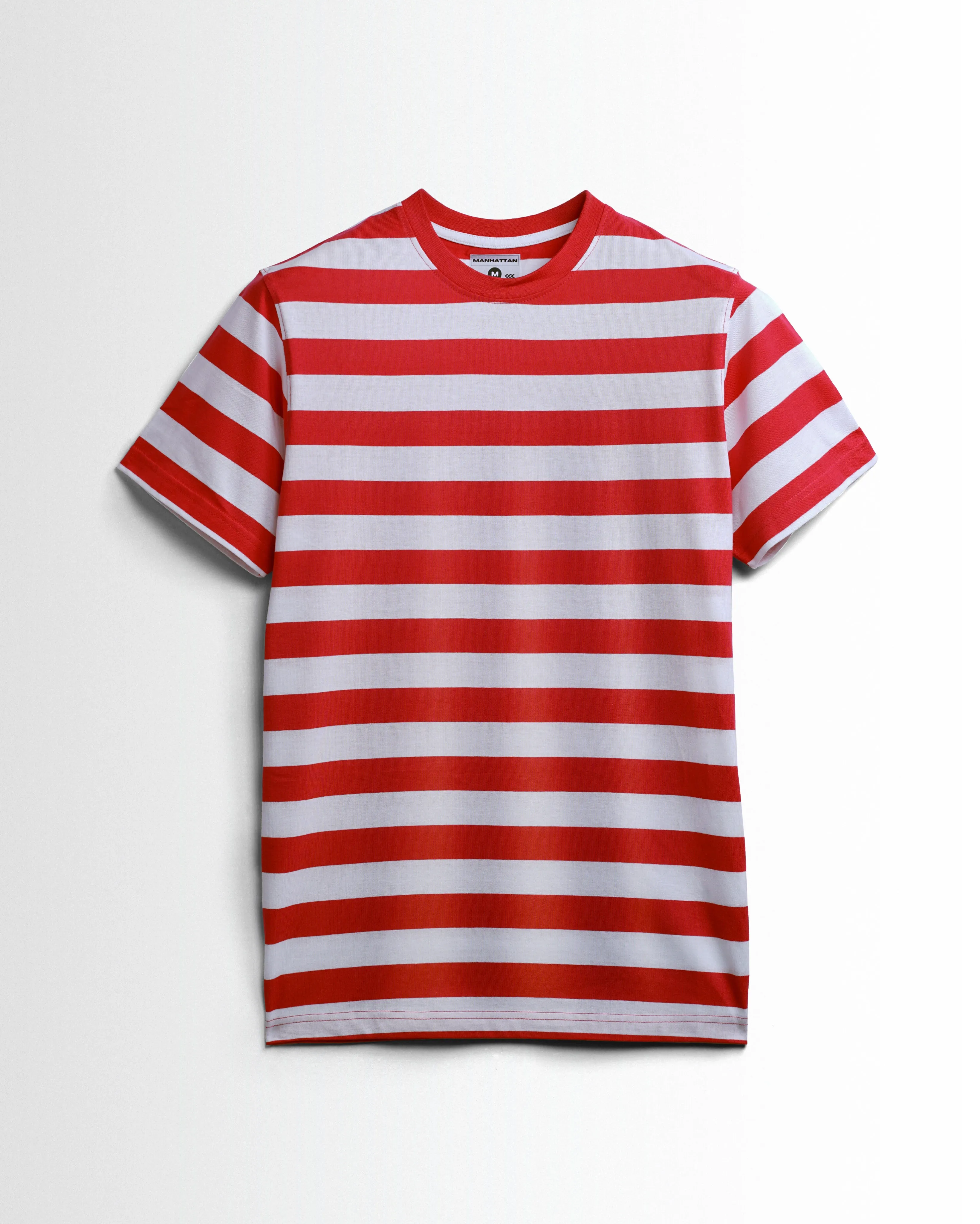 Premium Yarn Striped Cotton T-Shirts (White/ Red)