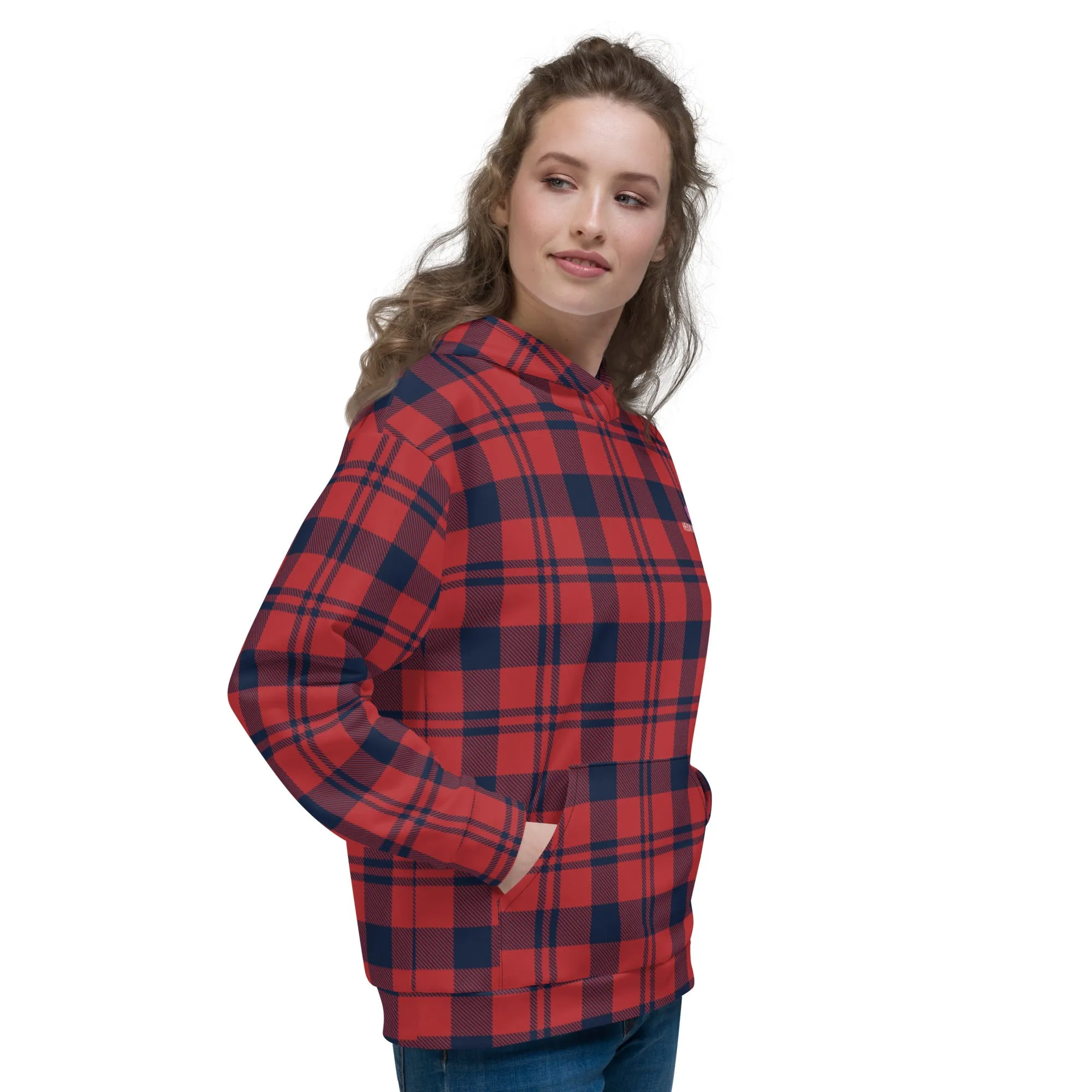 Red Plaid Print Unisex Hoodie, Plaid Print Unisex Soft Fleece Designer Hoodie- Made in USA/MX/EU